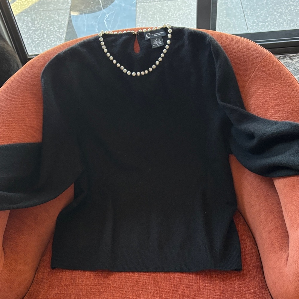 Bloomingdale's Black Cashmere Sweater with Pearl Trim